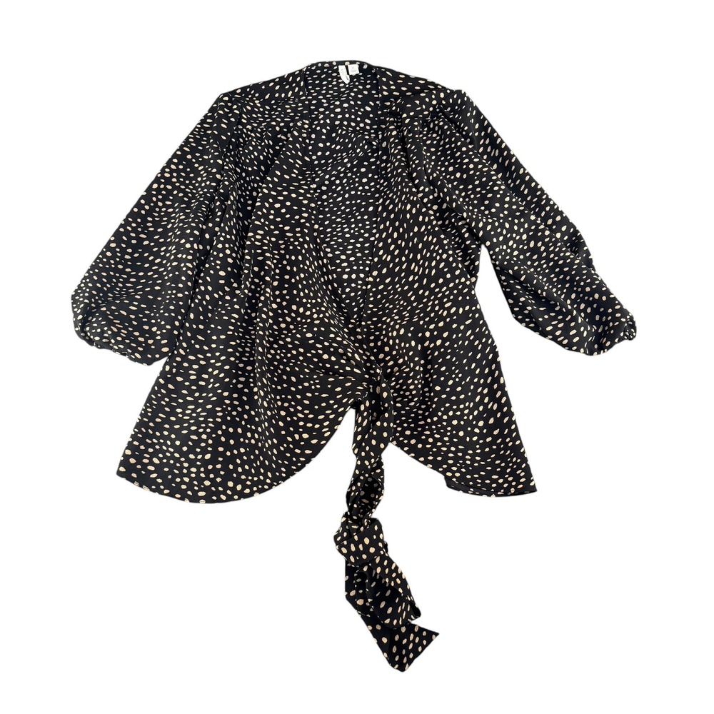 EST 1946 Polka Dot Tie‎ Front Wrap Blouse Black Tan XL Puff Sleeve Top